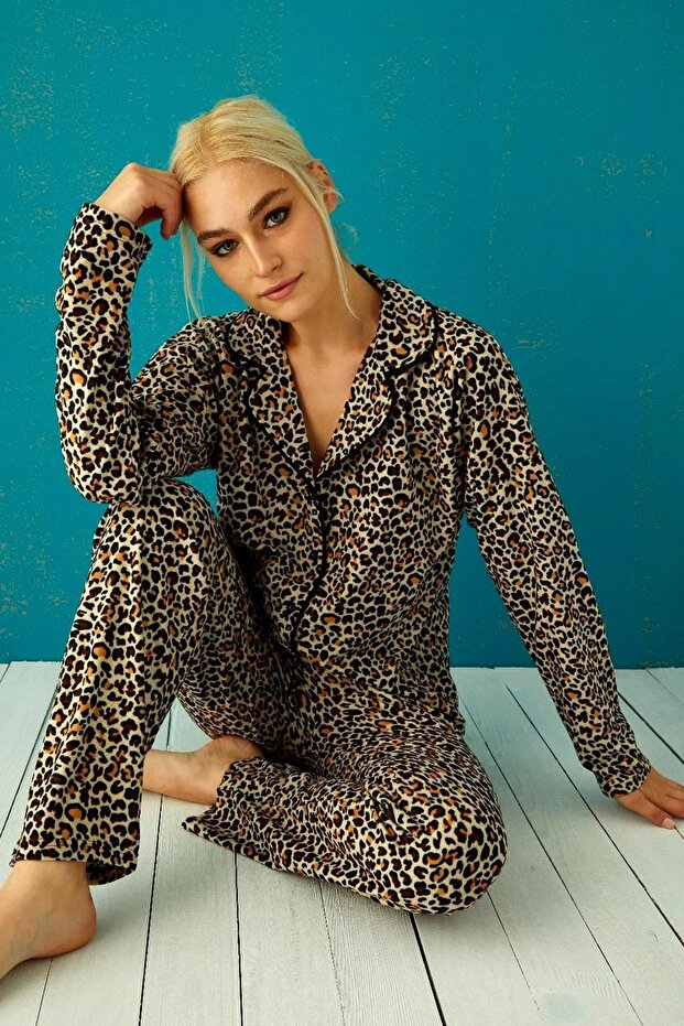 Leopard Patterned Suede Women's Pajama Set - Front Buttoned, 13 - 1 Piece - 1