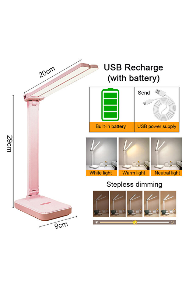Pink Rechargeable USB Desk Lamp 3 Levels Dimmable Touch Night Light USB Rechargeable Eye Protection