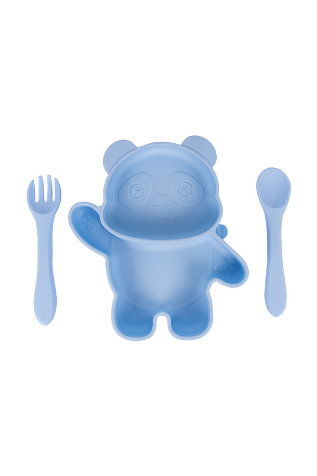 3 Piece Silicone Feeding Set, with Silicone Suction Plate, Spoon and Fork - Blue