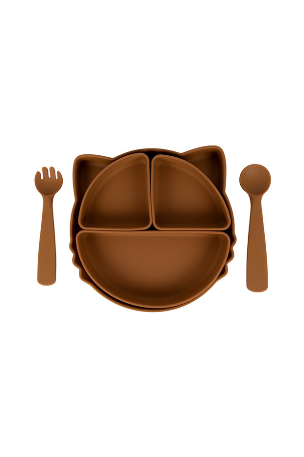 Silicone Feeding Set,with removable section, with Suction Plate, Spoon and Fork- Brown - 1