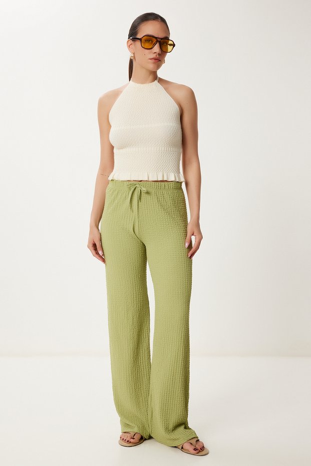 Textured Wide Leg Summer Knitted Trousers Caglia Green Lzv0009