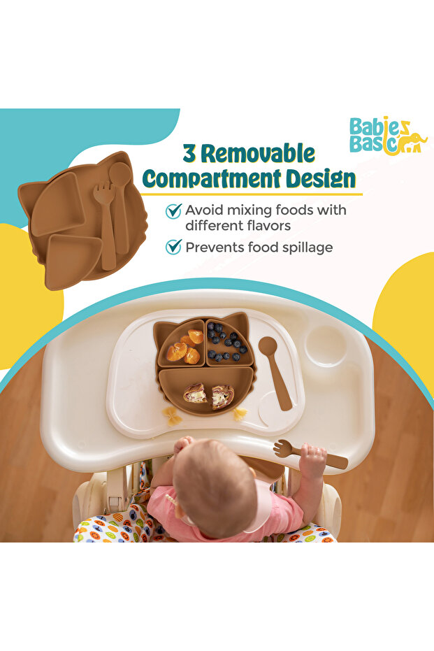 Silicone Feeding Set,with removable section, with Suction Plate, Spoon and Fork- Brown - 2