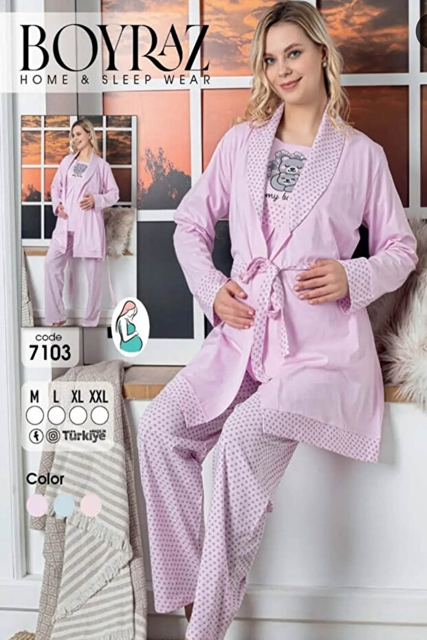 Maternity Waist Tied 3-Piece Patterned Pajama Set 7103-Pink