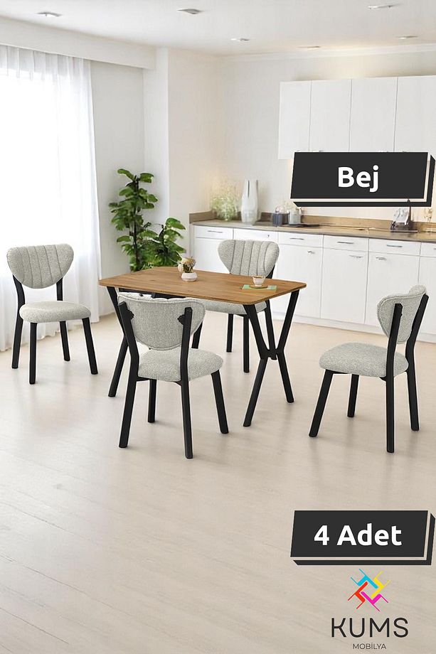 Elma Masa Sandalye Takımı – 4 Kişilik, Sabit Masa, Modern Çam Desen - 1