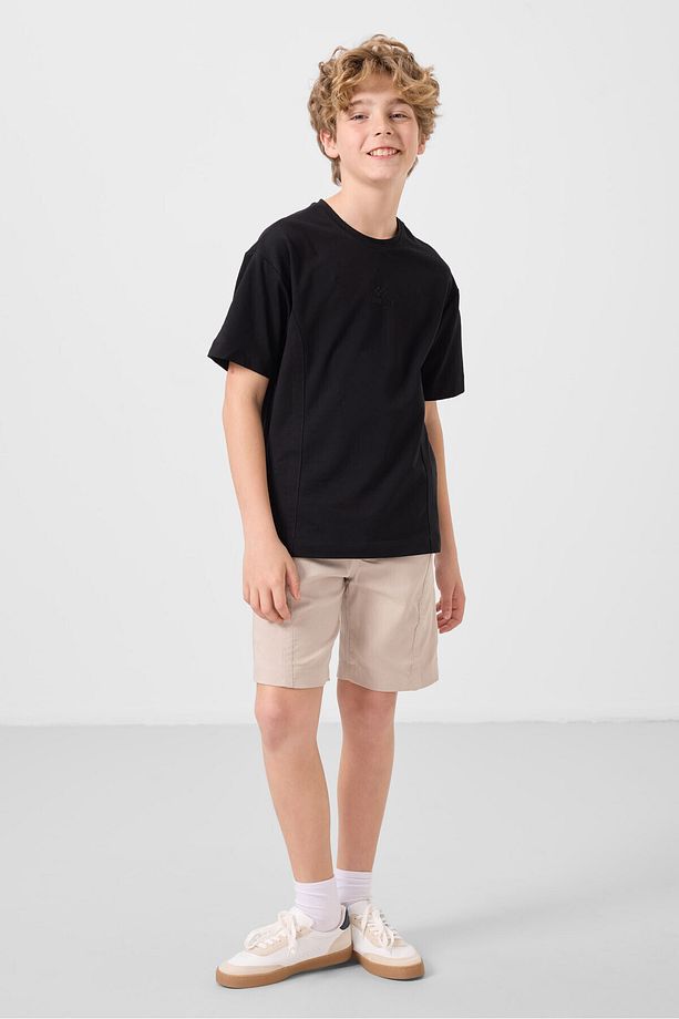 Siyah-Taş Pamuklu Oversize Fit Dokuma Hafif Esnek Chino Erkek Çocuk Şort Takım - 11276 - 1