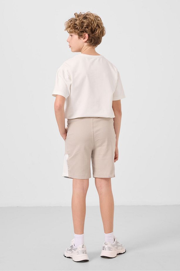 Ekru-taş Pamuklu Oversize Fit Dokuma Hafif Esnek Chino Erkek Çocuk Şort Takım - 11275 - 8