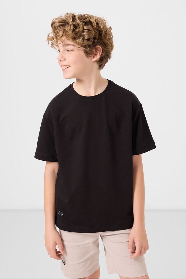 Siyah-Taş Pamuklu Oversize Fit Dokuma Hafif Esnek Chino Erkek Çocuk Şort Takım - 11277 - 6