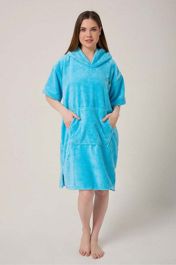 Palmiye Sörf Nakışlı Yetişkin Sörf Yazlık Panço Kapüşonlu Plaj Havlusu Mavi-unisex - 3