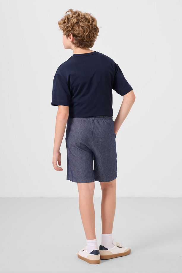 Lacivert-Kot Lacivert Pamuklu Oversize Fit Dokuma Hafif Esnek Chino Erkek Çocuk Şort Takım - 11276 - 7