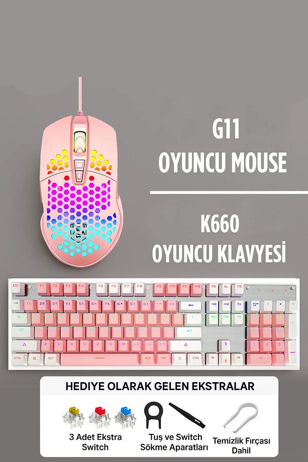 K660 Pembe - Mavi Switch Gamer Klavye G11 Pembe Oyuncu Mouse Seti - 1