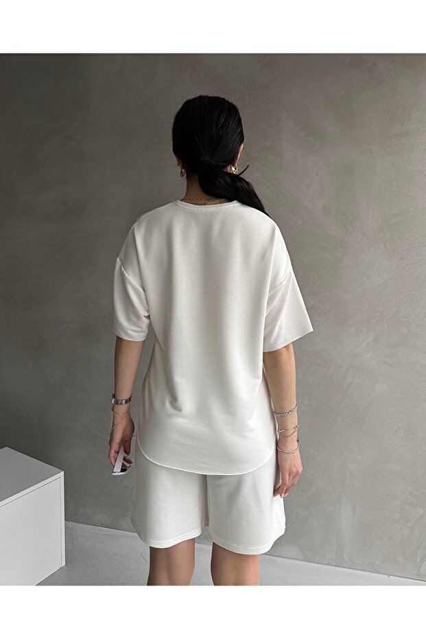 Kadın Modal Kumaş Oversize Kısa Kollu Kadın Eşofman Takımı, Şortlu, Bağcıklı Yumuşak Kumaş - 5