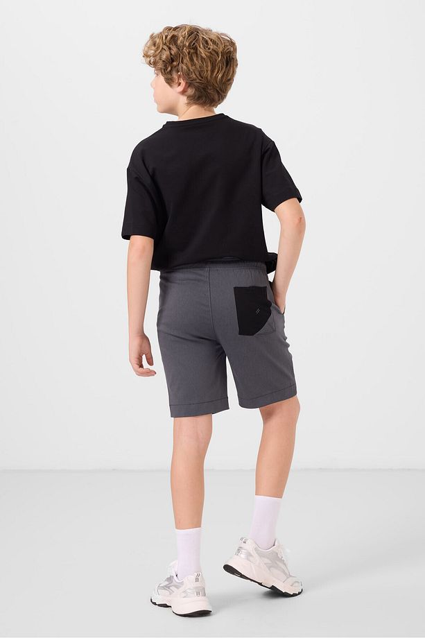 Siyah-Gri Pamuklu Oversize Fit Dokuma Hafif Esnek Chino Erkek Çocuk Şort Takım - 11278 - 8