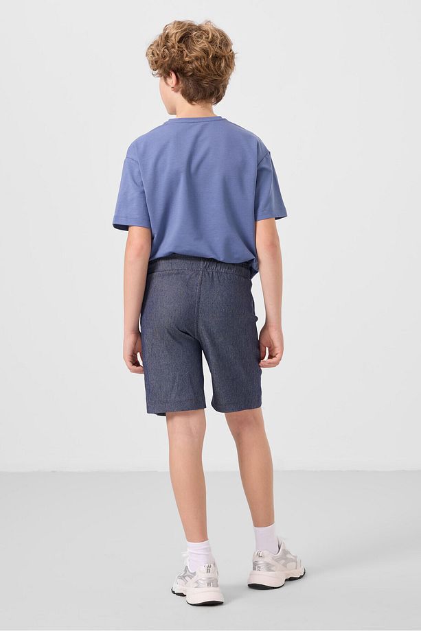 Koyu Mavi-Kot Lacivert Pamuklu Oversize Fit Dokuma Hafif Esnek Chino Erkek Çocuk Şort Takım - 11275 - 8