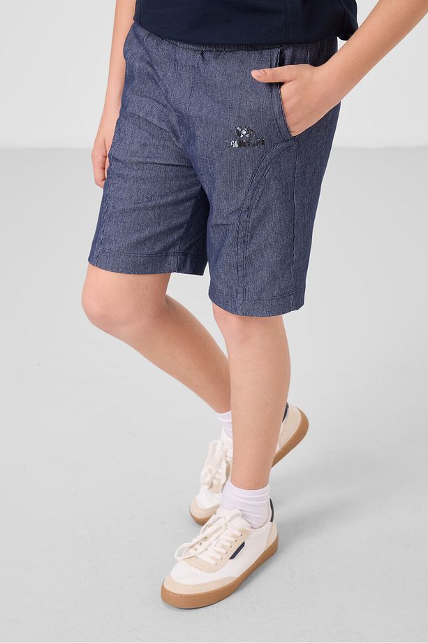 Lacivert-Kot Lacivert Pamuklu Oversize Fit Dokuma Hafif Esnek Chino Erkek Çocuk Şort Takım - 11276 - 4