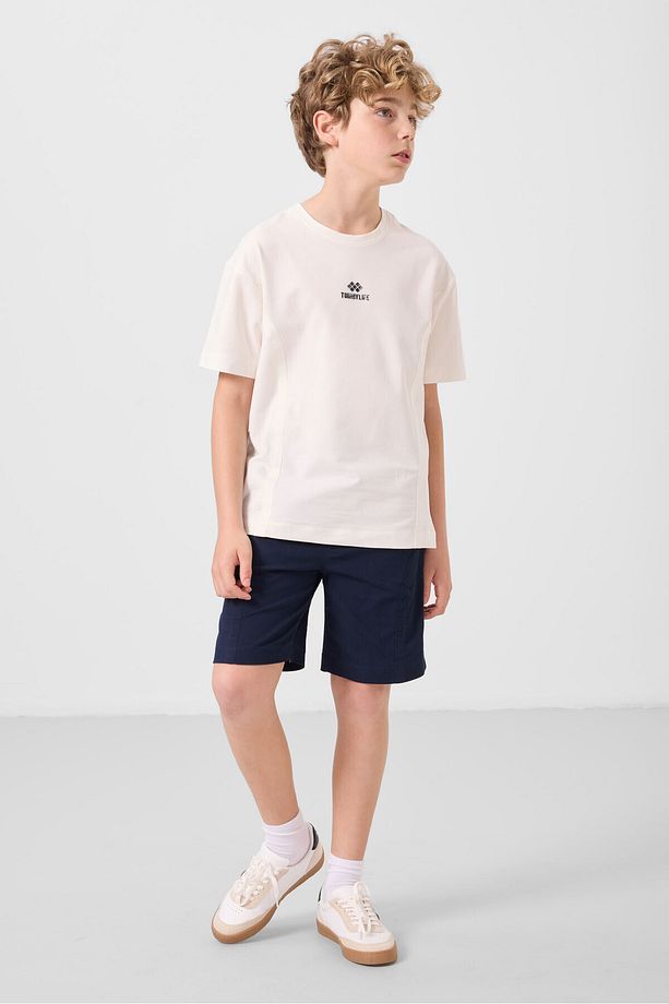 Ekru-Lacivert Pamuklu Oversize Fit Dokuma Hafif Esnek Chino Erkek Çocuk Şort Takım - 11276 - 1