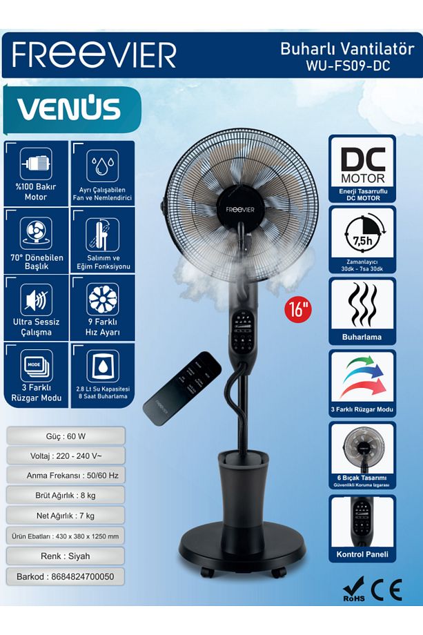 Venüs WU-LB-FS-09-DC Siyah Buharlı Vantilatör - 3