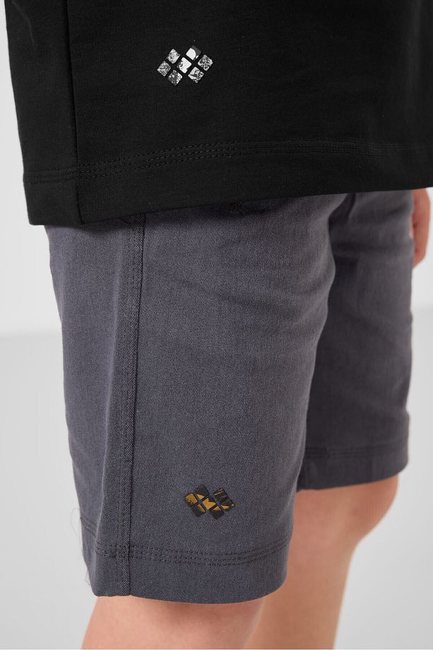 Siyah-Gri Pamuklu Oversize Fit Dokuma Hafif Esnek Chino Erkek Çocuk Şort Takım - 11277 - 7