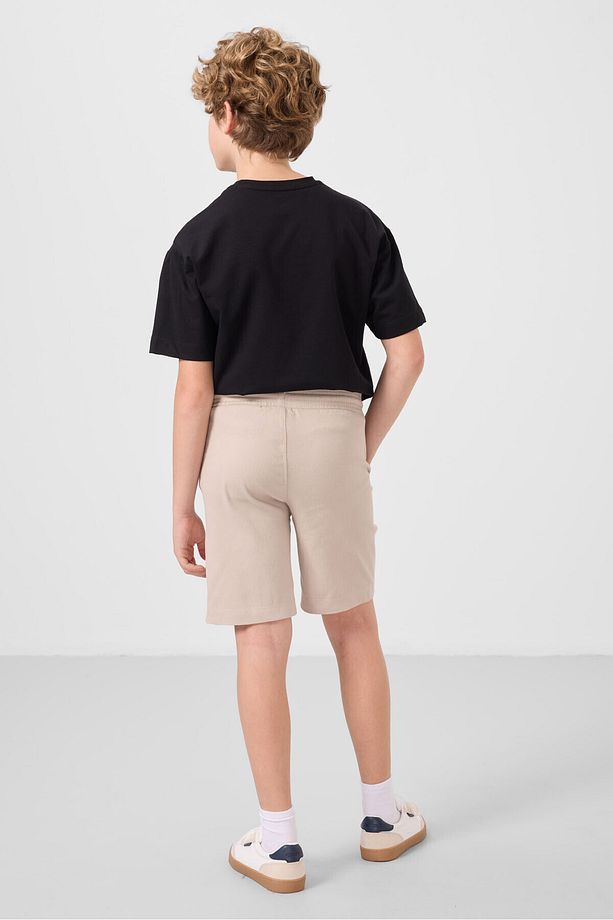 Siyah-Taş Pamuklu Oversize Fit Dokuma Hafif Esnek Chino Erkek Çocuk Şort Takım - 11276 - 7