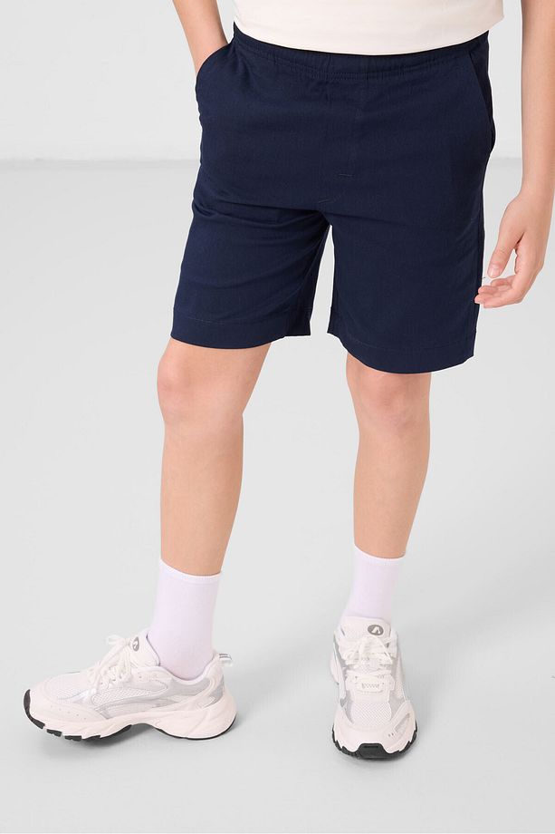Ekru-Lacivert Pamuklu Oversize Fit Dokuma Hafif Esnek Chino Erkek Çocuk Şort Takım - 11278 - 3