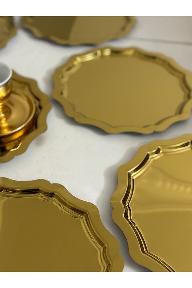 6 ADET GOLD YUVARLAK DALGALI MODEL SERVİS VE SUNUM TEPSİSİ - 4