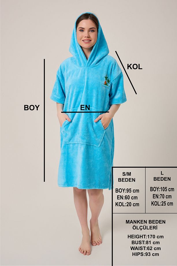 Palmiye Sörf Nakışlı Yetişkin Sörf Yazlık Panço Kapüşonlu Plaj Havlusu Mavi-unisex - 6