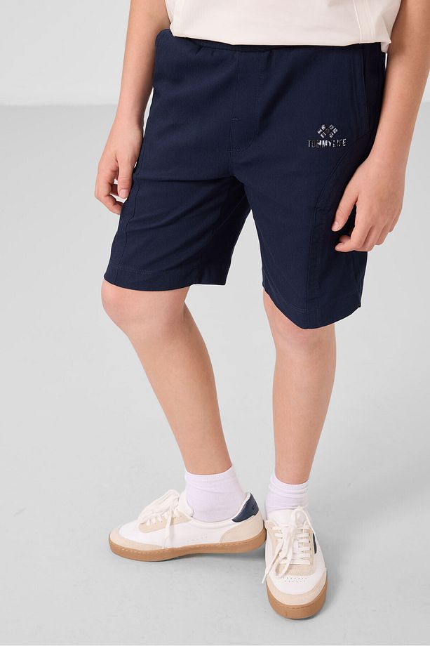Ekru-Lacivert Pamuklu Oversize Fit Dokuma Hafif Esnek Chino Erkek Çocuk Şort Takım - 11276 - 4