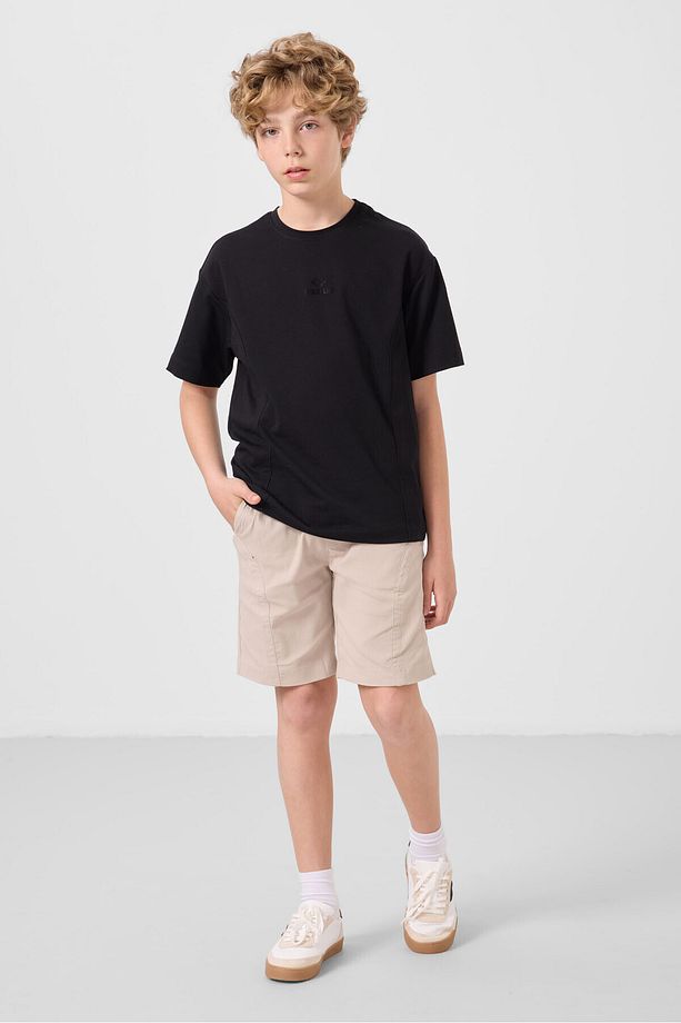 Siyah-Taş Pamuklu Oversize Fit Dokuma Hafif Esnek Chino Erkek Çocuk Şort Takım - 11276 - 3