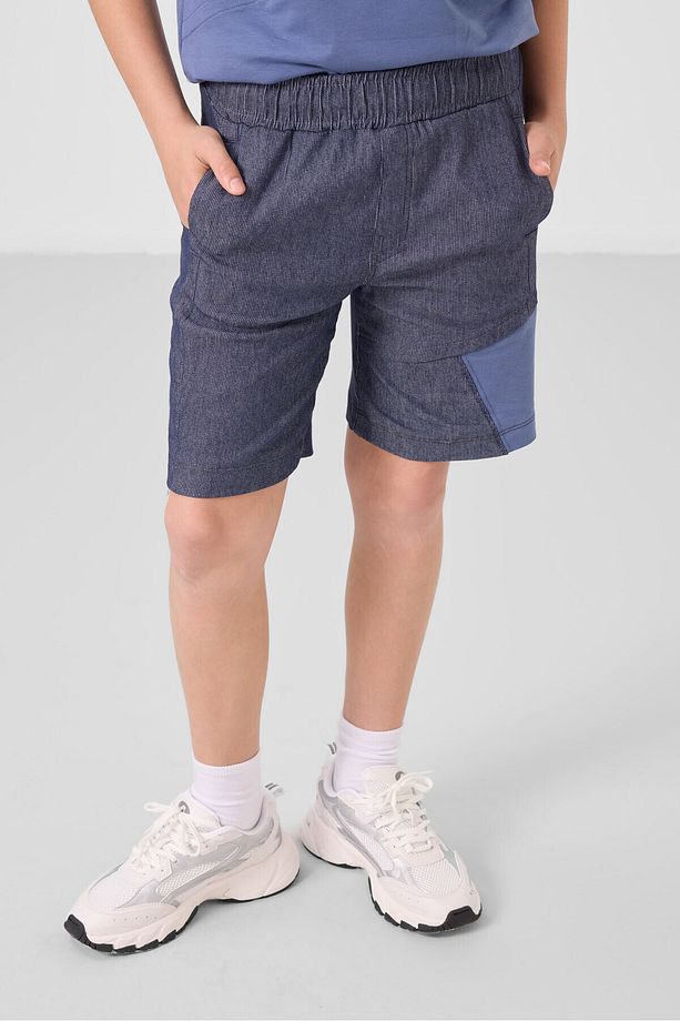 Koyu Mavi-Kot Lacivert Pamuklu Oversize Fit Dokuma Hafif Esnek Chino Erkek Çocuk Şort Takım - 11275 - 4