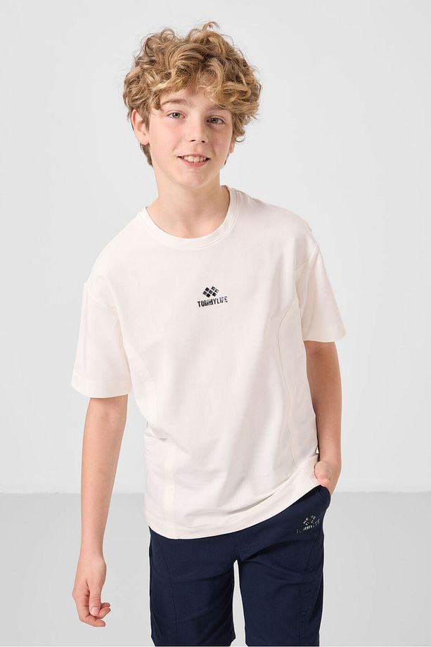 Ekru-Lacivert Pamuklu Oversize Fit Dokuma Hafif Esnek Chino Erkek Çocuk Şort Takım - 11276 - 5