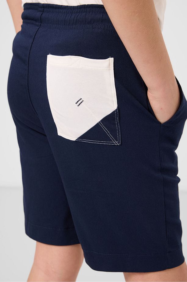 Ekru-Lacivert Pamuklu Oversize Fit Dokuma Hafif Esnek Chino Erkek Çocuk Şort Takım - 11278 - 6