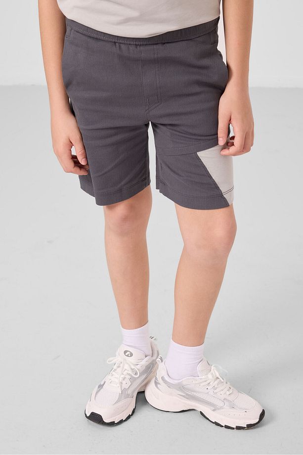 Taş-Antrasit Pamuklu Oversize Fit Dokuma Hafif Esnek Chino Erkek Çocuk Şort Takım - 11275 - 7