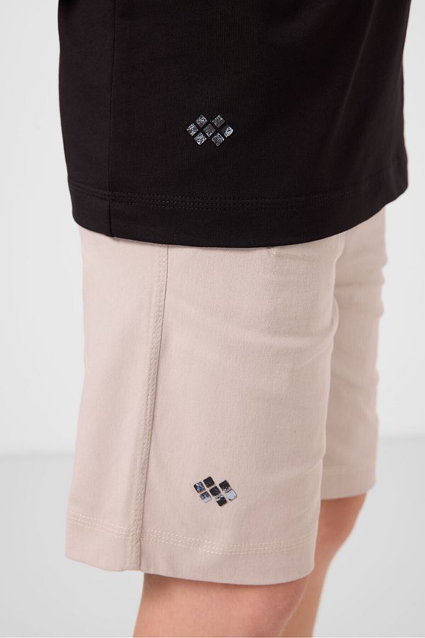 Siyah-Taş Pamuklu Oversize Fit Dokuma Hafif Esnek Chino Erkek Çocuk Şort Takım - 11277 - 7