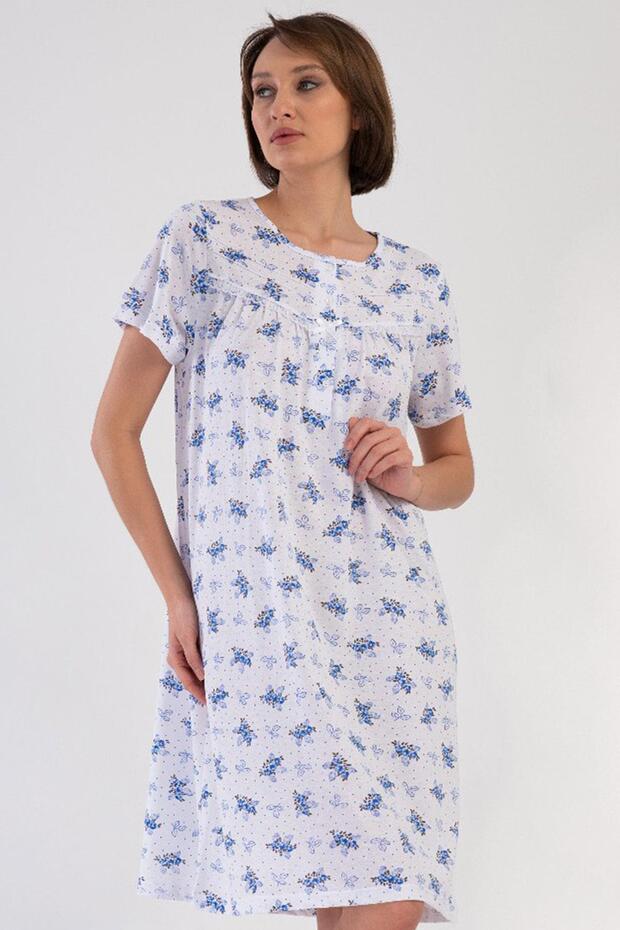 Women's Large Size Short Sleeve Blue Nightgown 100% Cotton C5T8N7O161
