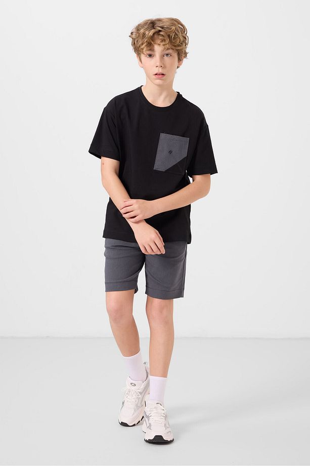 Siyah-Gri Pamuklu Oversize Fit Dokuma Hafif Esnek Chino Erkek Çocuk Şort Takım - 11278 - 1