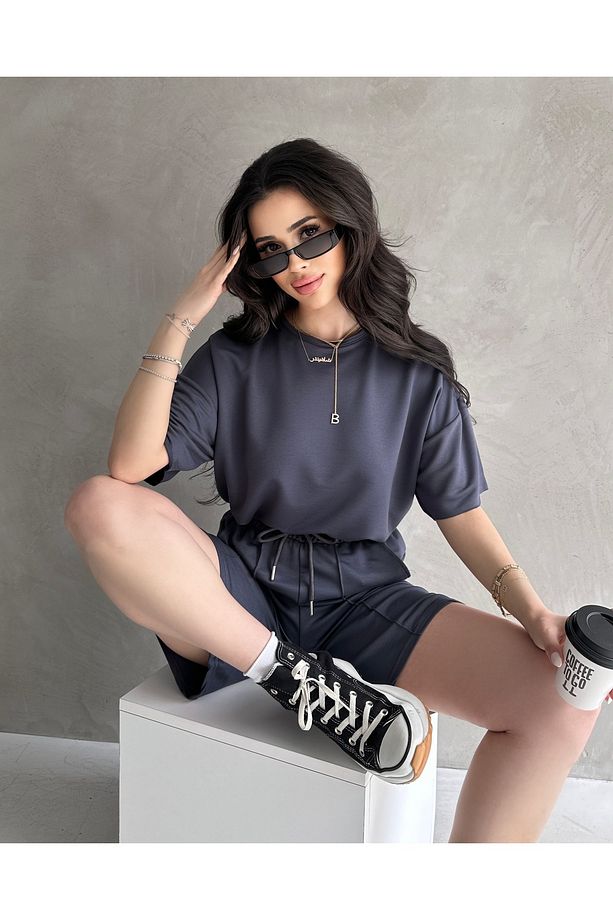 Kadın Modal Kumaş Oversize Kısa Kollu Kadın Eşofman Takımı, Şortlu, Bağcıklı Yumuşak Kumaş - 1