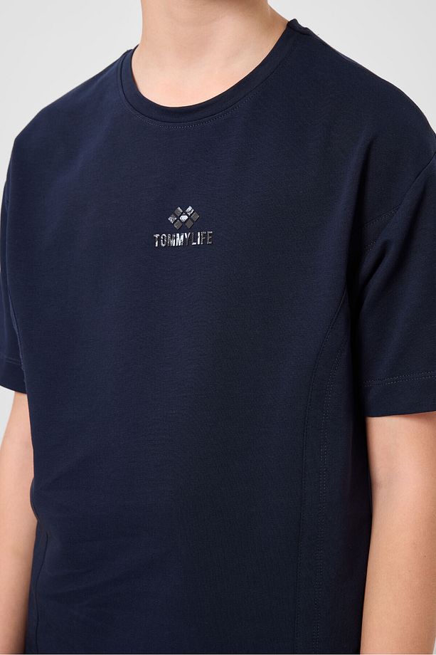 Lacivert-Kot Lacivert Pamuklu Oversize Fit Dokuma Hafif Esnek Chino Erkek Çocuk Şort Takım - 11276 - 5