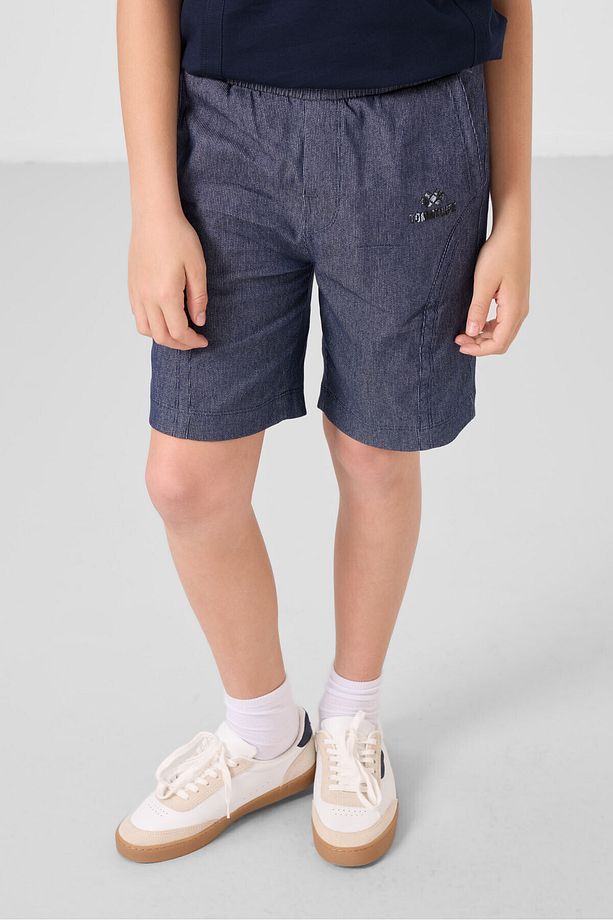 Lacivert-Kot Lacivert Pamuklu Oversize Fit Dokuma Hafif Esnek Chino Erkek Çocuk Şort Takım - 11276 - 2