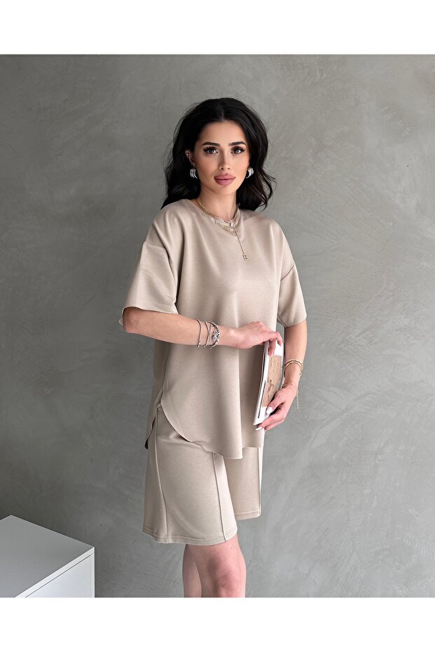 Kadın Modal Kumaş Oversize Kısa Kollu Kadın Eşofman Takımı, Şortlu, Bağcıklı Yumuşak Kumaş - 3