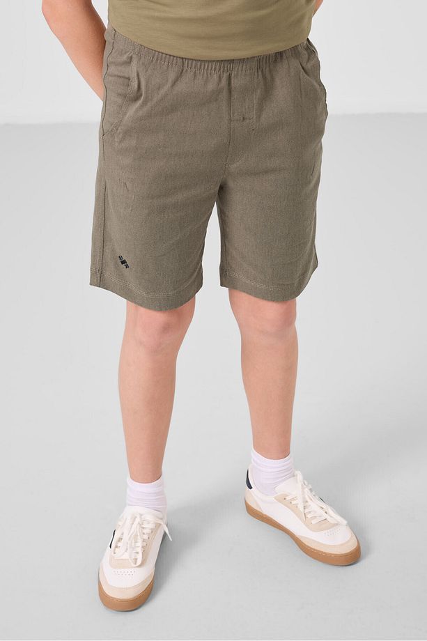 Koyu Bej-Camel Pamuklu Oversize Fit Dokuma Hafif Esnek Chino Erkek Çocuk Şort Takım - 11277 - 3