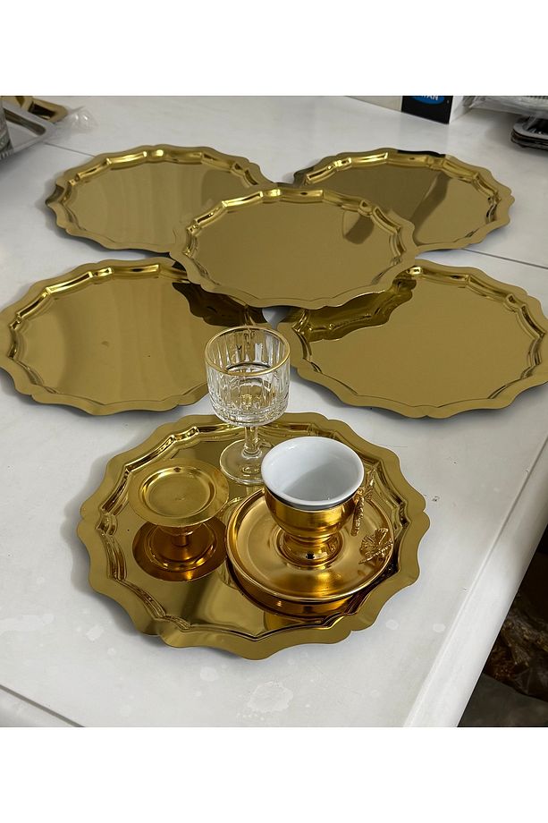6 ADET GOLD YUVARLAK DALGALI MODEL SERVİS VE SUNUM TEPSİSİ - 2