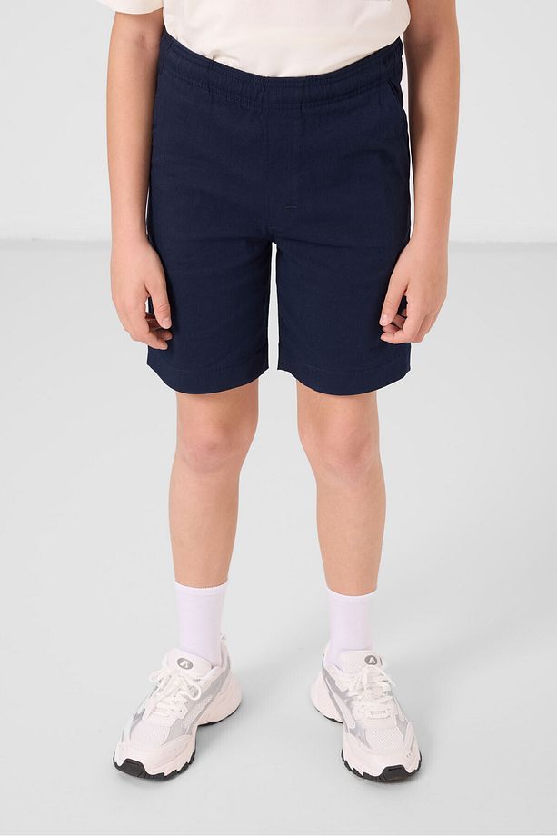 Ekru-Lacivert Pamuklu Oversize Fit Dokuma Hafif Esnek Chino Erkek Çocuk Şort Takım - 11278 - 7
