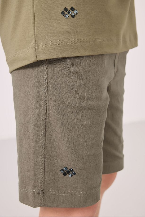 Koyu Bej-Camel Pamuklu Oversize Fit Dokuma Hafif Esnek Chino Erkek Çocuk Şort Takım - 11277 - 7