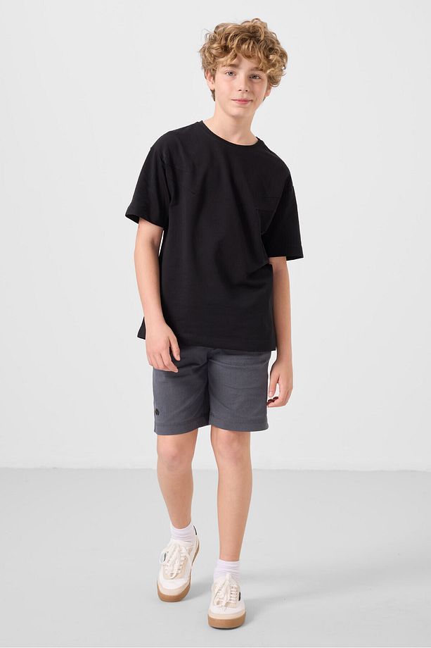 Siyah-Gri Pamuklu Oversize Fit Dokuma Hafif Esnek Chino Erkek Çocuk Şort Takım - 11277 - 1