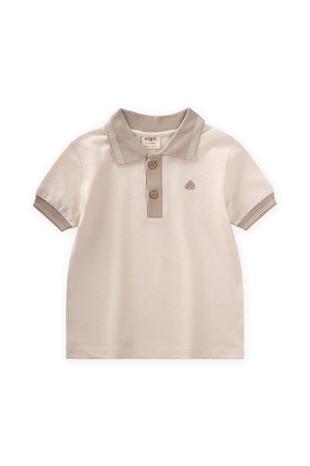 Leaf Embroidered Polo Neck T-Shirt 2-10 Years a Beige