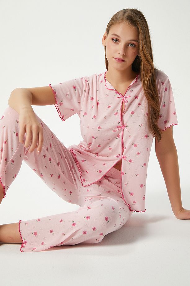 Kadın Juliet Kurdeleli Yumuşak Doku Pembe Çiçekli Pijama Takımı - 5