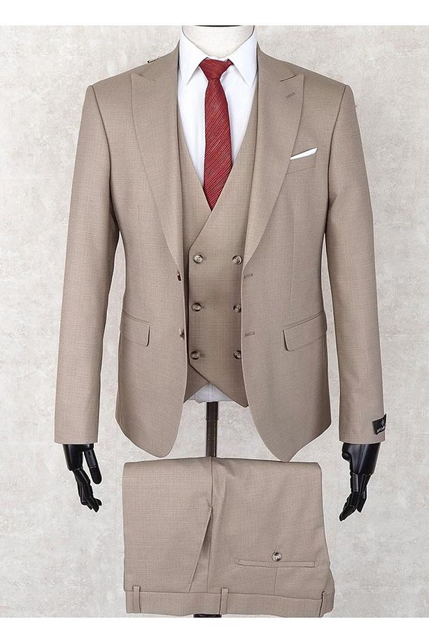 Slim Fit Sivri Yaka-çift Yırtmaç Bej Rengi Drop 6 Yelekli Takım Elbise - 2