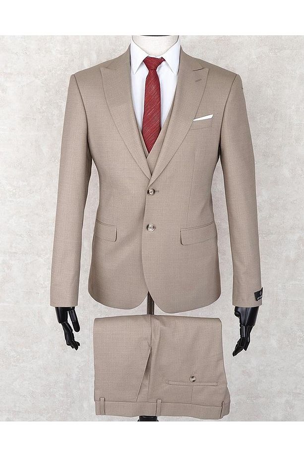 Slim Fit Sivri Yaka-çift Yırtmaç Bej Rengi Drop 6 Yelekli Takım Elbise - 1