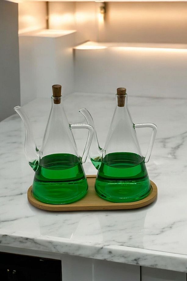 Borosilikat Cam Bambu Standlı 2'li Glazzy Yağlık Set 500 Ml+500 Ml - 2