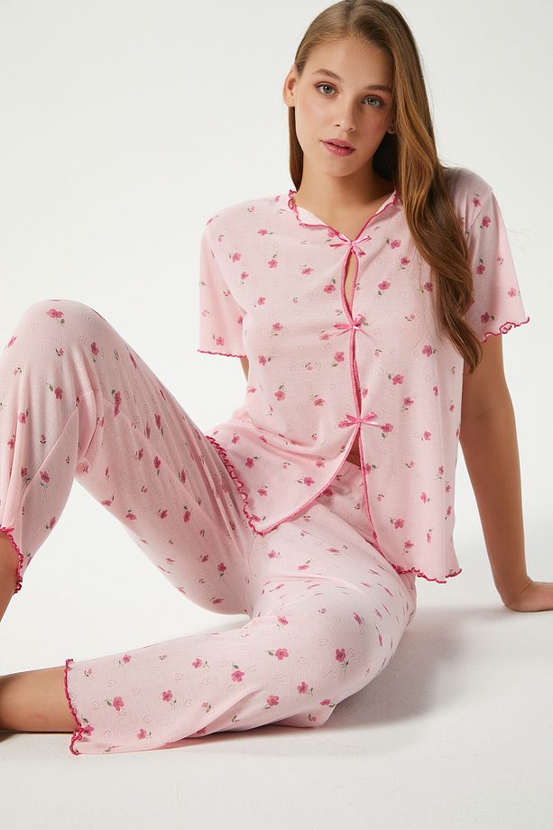 Kadın Juliet Kurdeleli Yumuşak Doku Pembe Çiçekli Pijama Takımı - 1