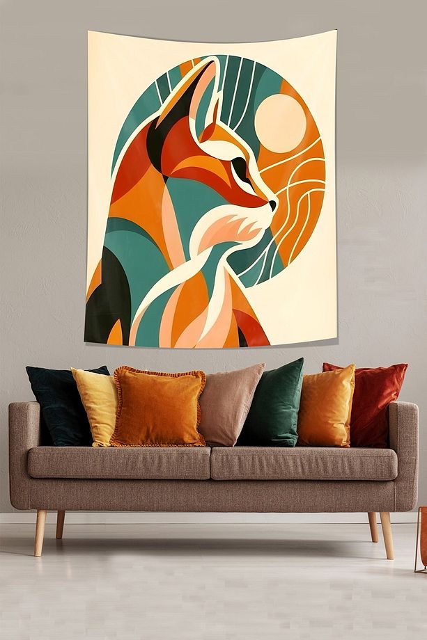Soyut Kedi Desenli Renkli Leke Tutmaz Kumaş Duvar Örtüsü Duvar Halısı Tapestry - 1